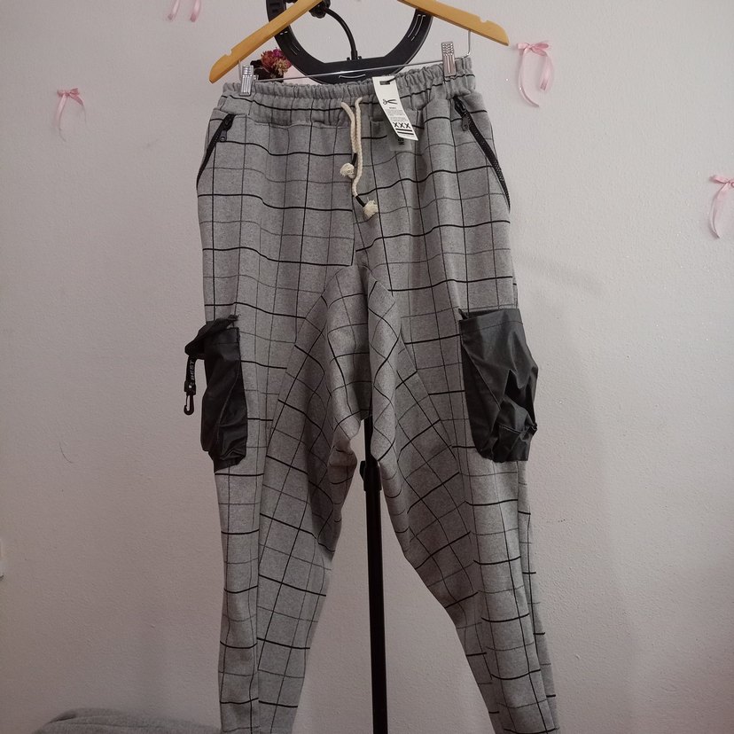 OTANTİK SOKAK ŞALVARI Gri Kareli Kemerli Rahat Kesim - Görsel 2