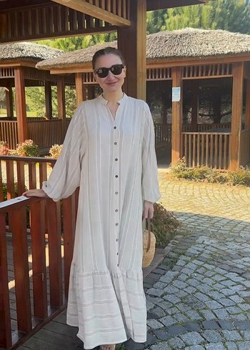 Bej Etnik Desenli Uzun Pamuklu Kadın Elbise
