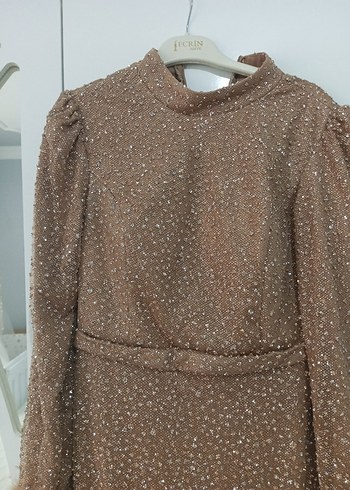 Kahverengi Uzun Kol Kürk Detaylı Abiye Elbise - Görsel 2