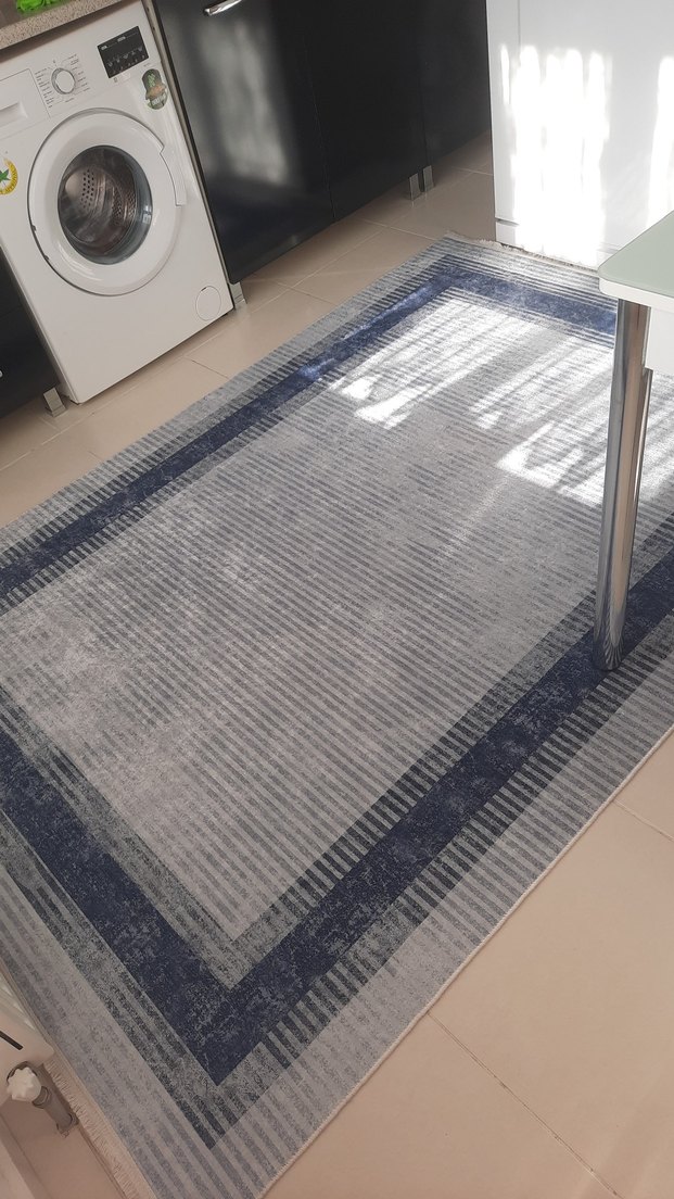 Çağdaş Mavi lacivert Gri Çizgili Halı - Görsel 2