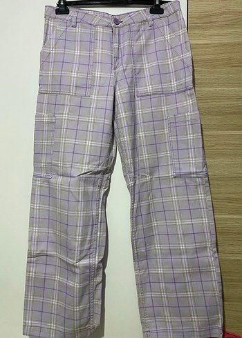 H&M Mor Ekoseli Düğmeli Kadın Pantolon