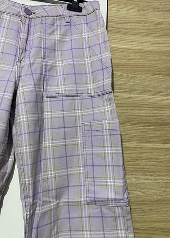 40 Beden H&M Mor Ekoseli Düğmeli Kadın Pantolon