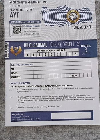 Bilgi Sarmal Türkiye Geneli-3 Sınav Kitapçığı B