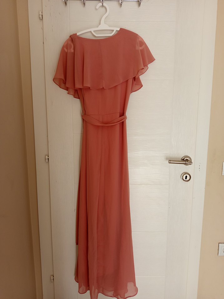 Bej Uzun Drapeli V Yaka Elbise - Görsel 2