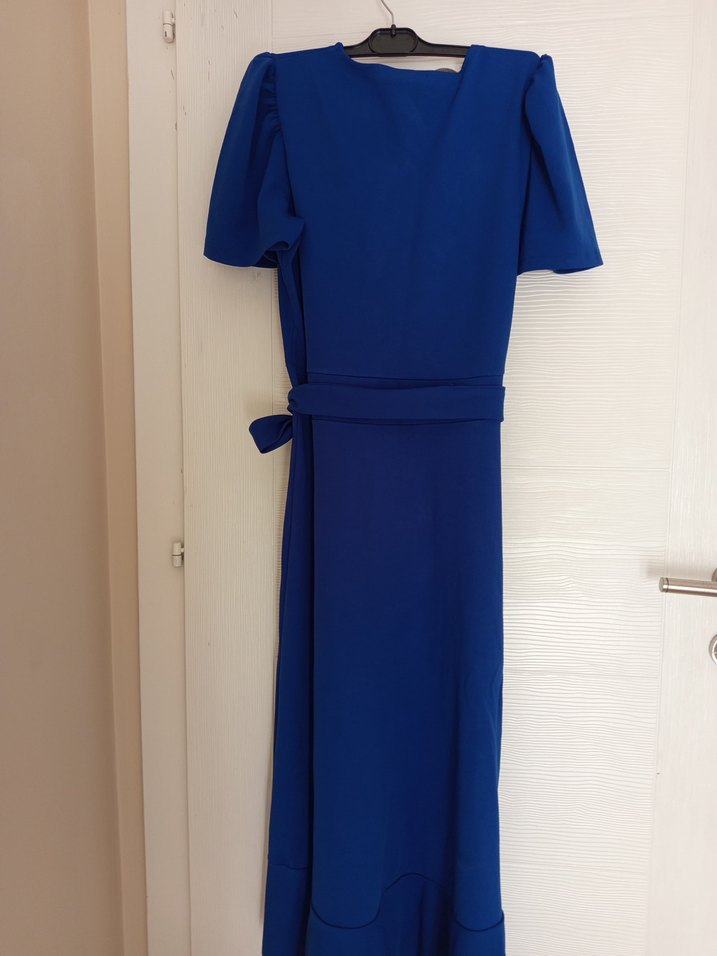 Mavi V Yaka Drapeli Uzun Elbise - Görsel 2