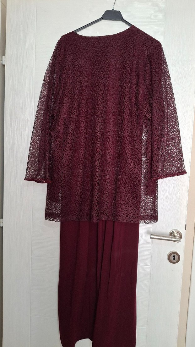 Bordo Uzun Kollu Salaş Kadın Abiye Elbise - Görsel 2