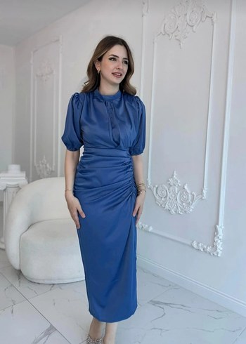 önü büzgülü saten indigo elbise - Görsel 2