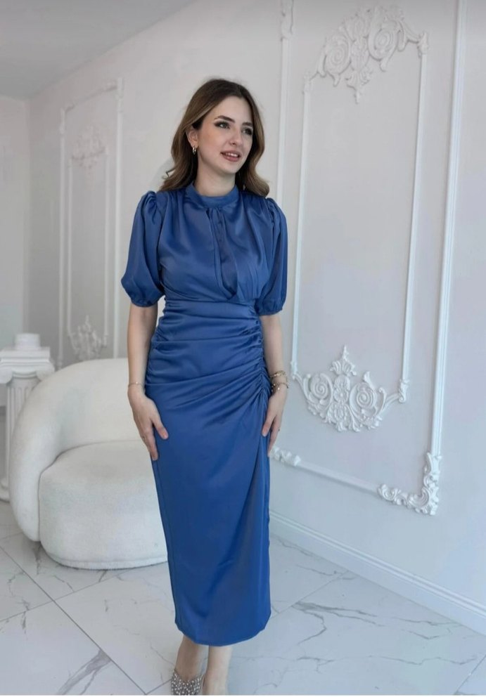 önü büzgülü saten indigo elbise - Görsel 2