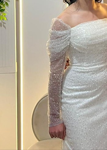 Dantelli Uzun Kollu Straplez Beyaz elbise - Görsel 2