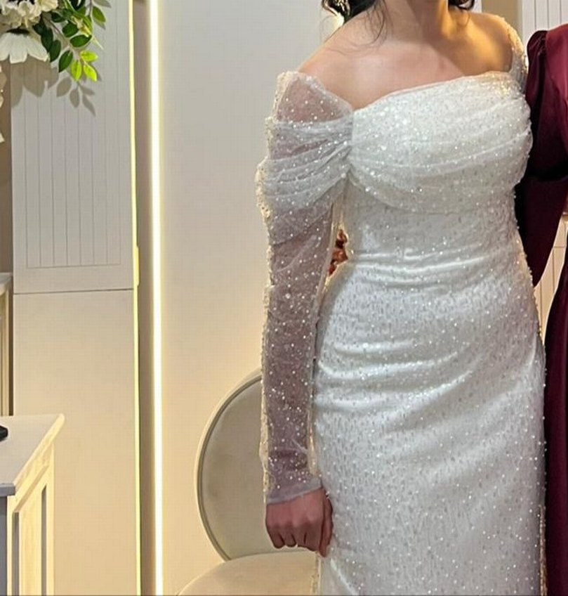 Dantelli Uzun Kollu Straplez Beyaz elbise - Görsel 2