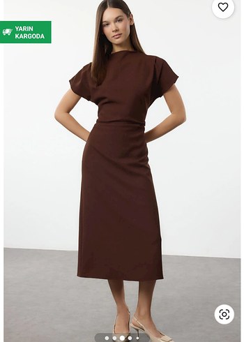 Kahverengi A kesim degaje yaka midi dokuma elbise - Görsel 2