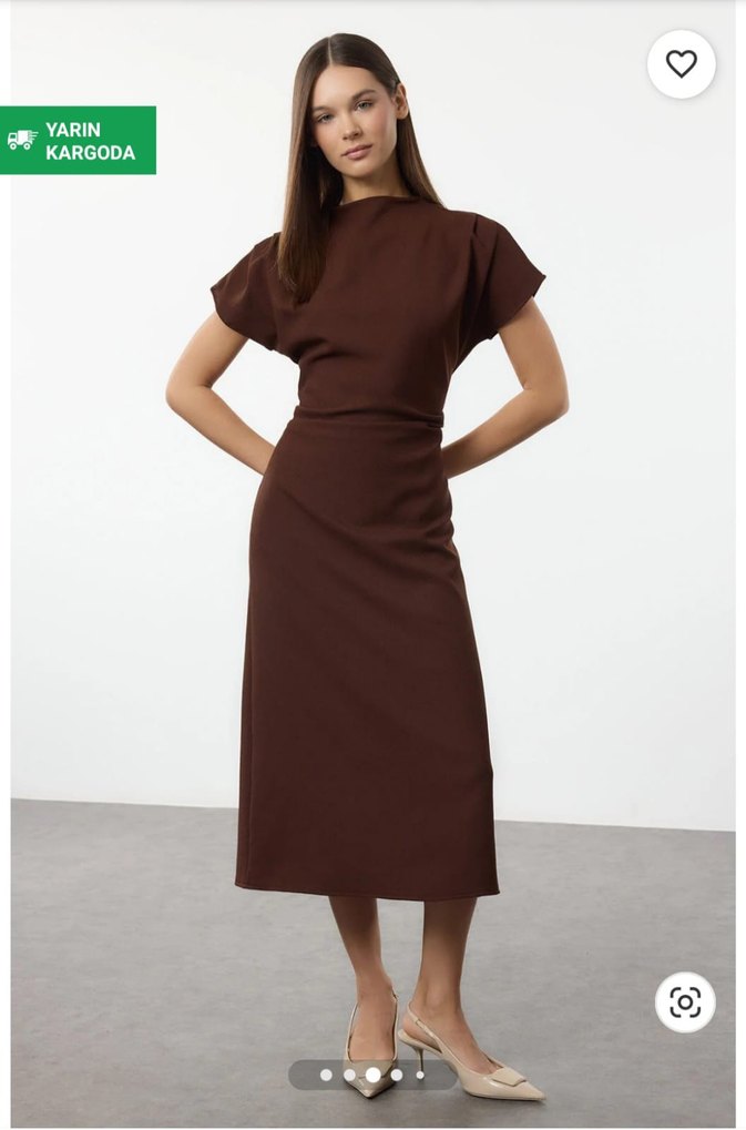 Kahverengi A kesim degaje yaka midi dokuma elbise - Görsel 2