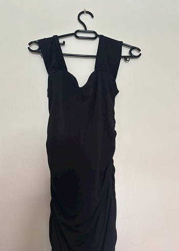 Drapeli Siyah V Yakalı Midi Elbise - Görsel 2