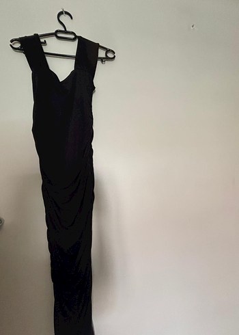 Drapeli Siyah V Yakalı Midi Elbise - Görsel 3