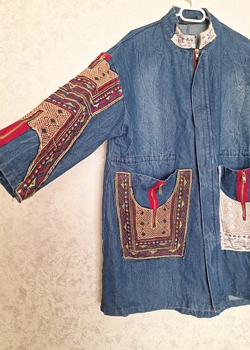 Renkli Nakışlı Uzun Kadın Kot Ceket L-XL-XXL UYUMLUDUR - Görsel 2