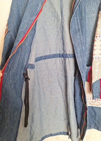 Renkli Nakışlı Uzun Kadın Kot Ceket L-XL-XXL UYUMLUDUR - Görsel 7