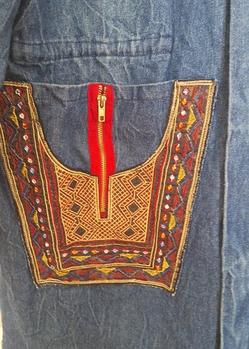 Renkli Nakışlı Uzun Kadın Kot Ceket L-XL-XXL UYUMLUDUR - Görsel 4