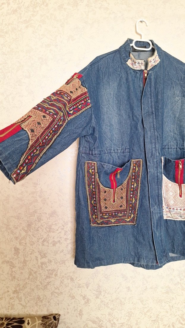 Renkli Nakışlı Uzun Kadın Kot Ceket L-XL-XXL UYUMLUDUR - Görsel 2