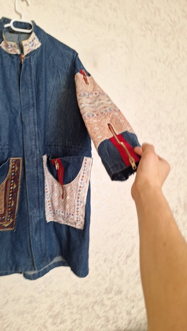 Renkli Nakışlı Uzun Kadın Kot Ceket L-XL-XXL UYUMLUDUR - Görsel 3