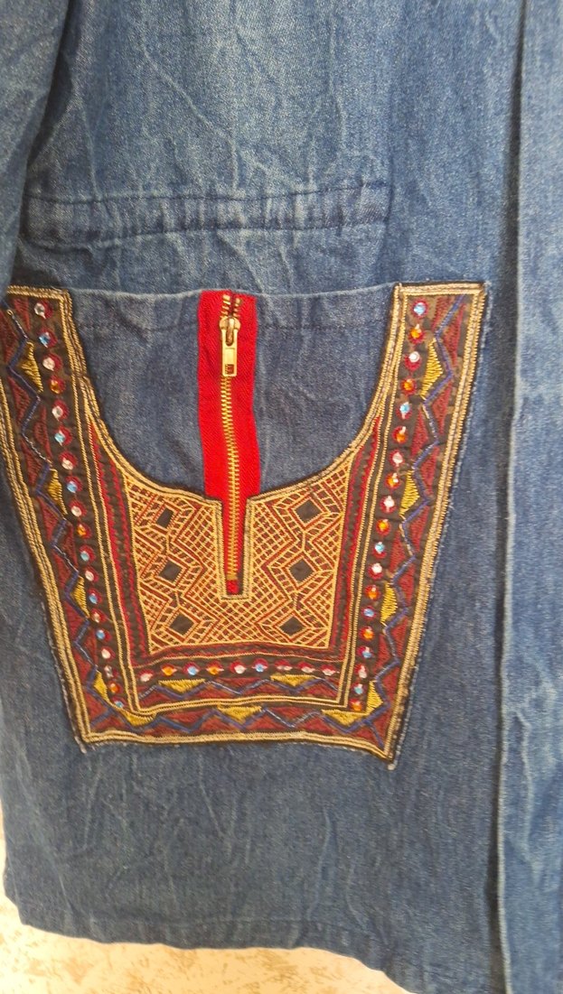 Renkli Nakışlı Uzun Kadın Kot Ceket L-XL-XXL UYUMLUDUR - Görsel 4