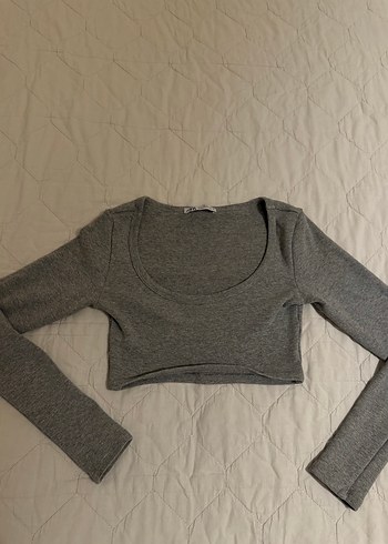 xs Beden Gri Uzun Kollu Crop Top