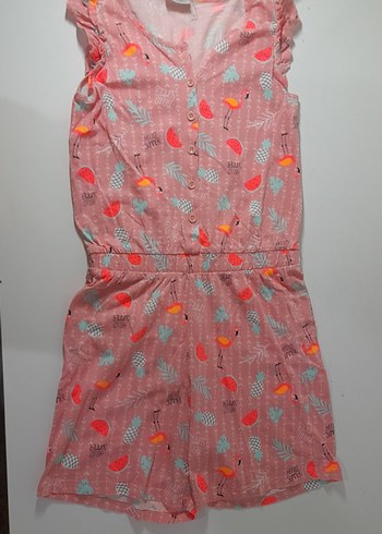 Kız Çocuk Pembe desenli yuvarlak Yaka Tulum
