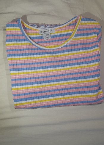 Kız Çocuk Renkli Çizgili Kısa Kollu Tişört - Görsel 3