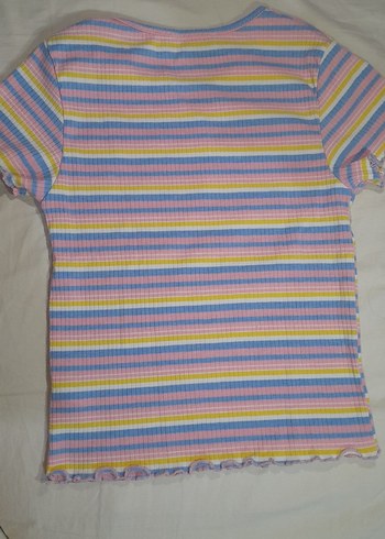 Kız Çocuk Renkli Çizgili Kısa Kollu Tişört - Görsel 2