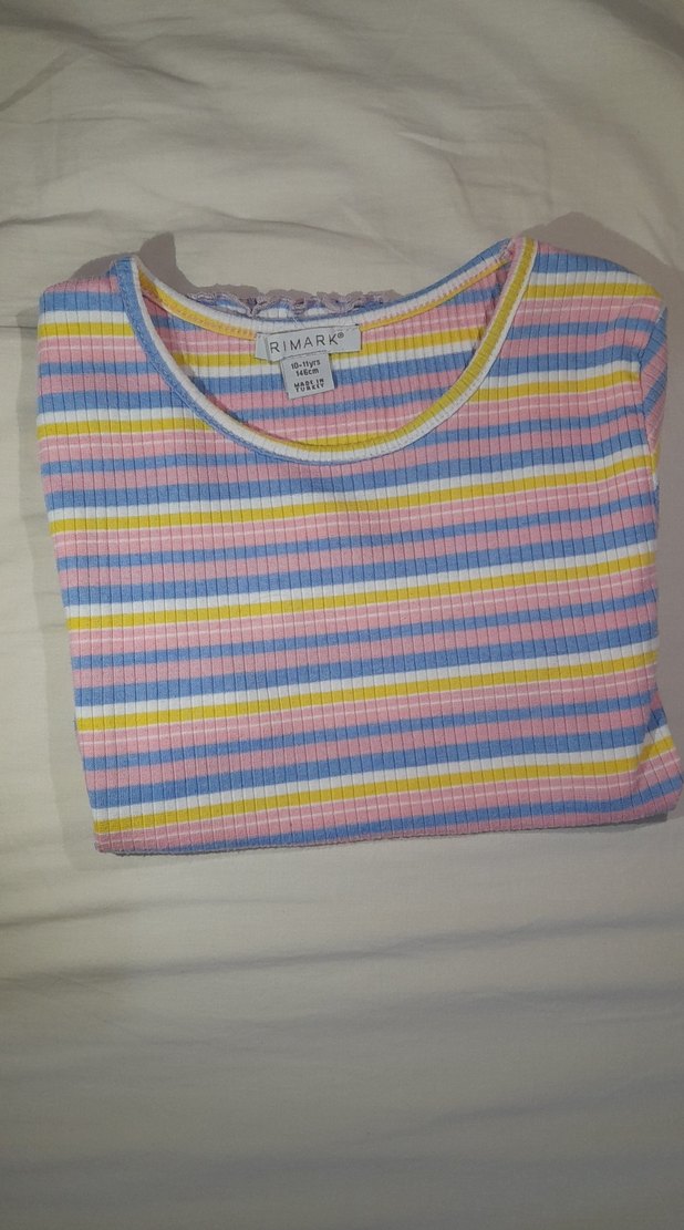 Kız Çocuk Renkli Çizgili Kısa Kollu Tişört - Görsel 3