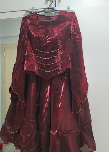 Bordo Uzun Kollu Drape Detaylı Abiye Elbise - Görsel 4