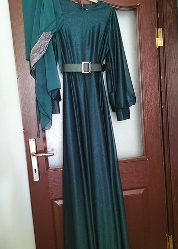 Uzun Kol Drapeli Turkuaz Abiye Elbise - Görsel 3