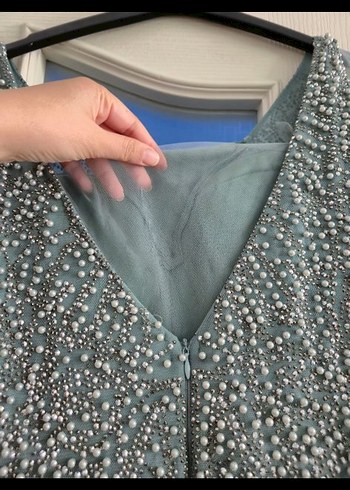 Mint Yeşil taş işlemeli Uzun Abiye Elbise - Görsel 5