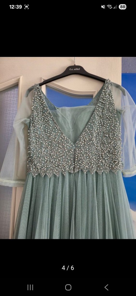 Mint Yeşil taş işlemeli Uzun Abiye Elbise - Görsel 3