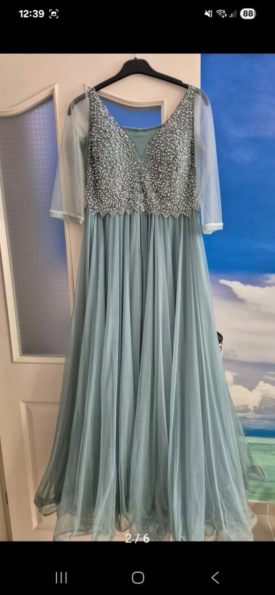 Mint Yeşil taş işlemeli Uzun Abiye Elbise - Görsel 2