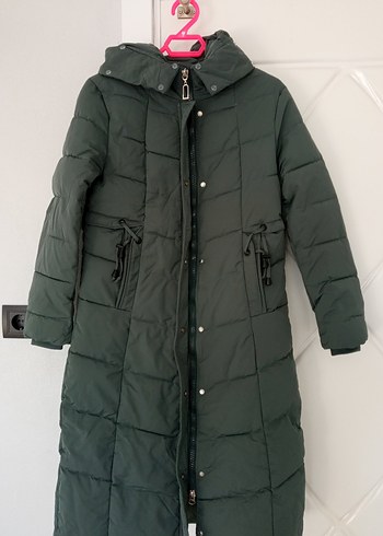 Uzun Yeşil Kadın Kışlık Mont Fermuarlı - Görsel 3