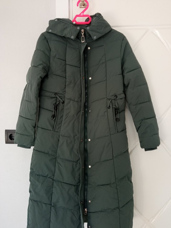 Uzun Yeşil Kadın Kışlık Mont Fermuarlı - Görsel 3