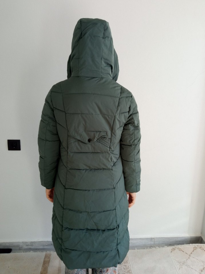 Uzun Yeşil Kadın Kışlık Mont Fermuarlı - Görsel 2