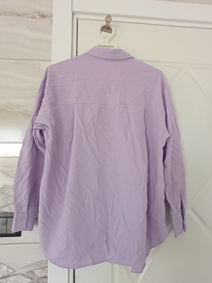 Lila Düğmeli Keten Kadın Gömlek - Görsel 2