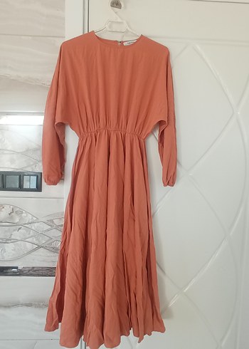 Kadın kiremit Uzun Keten Elbise - Görsel 2