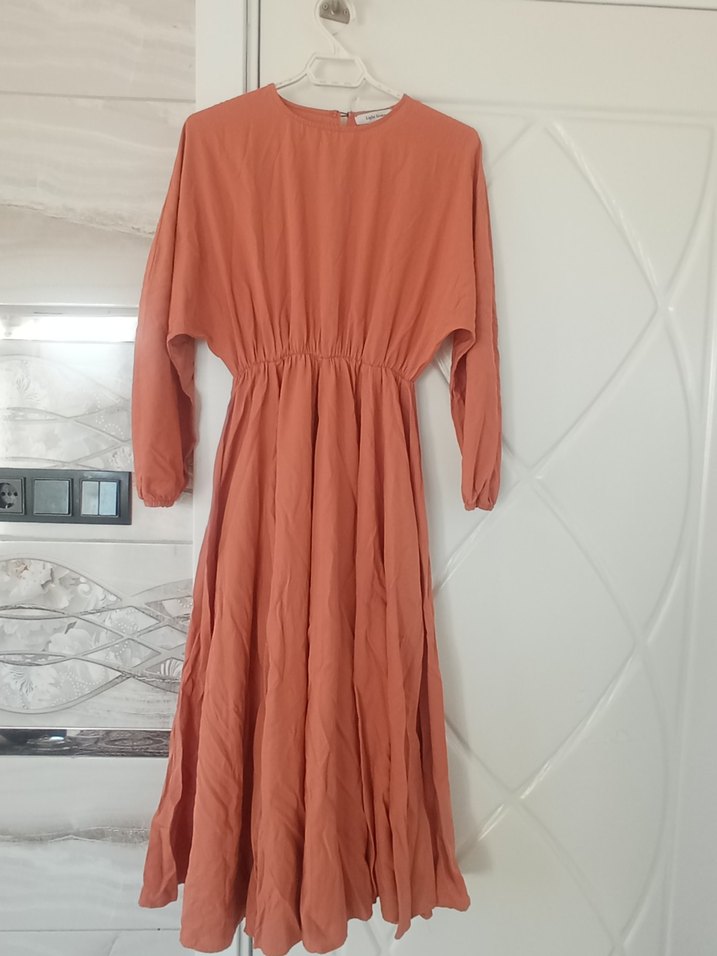 Kadın kiremit Uzun Keten Elbise - Görsel 2