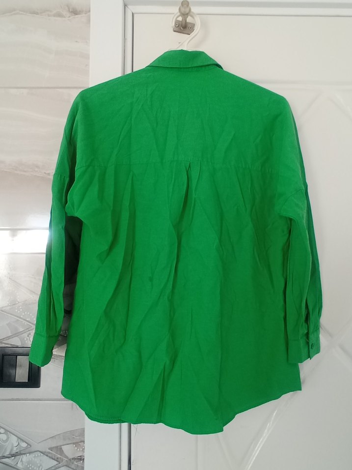 Düğmeli Yeşil Keten Kadın Gömlek - Görsel 2