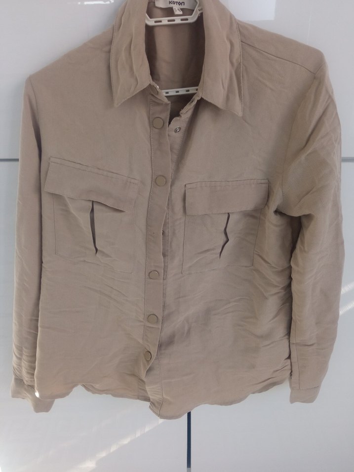 Bej Kadın Keten Gömlek Düğmeli - Görsel 2