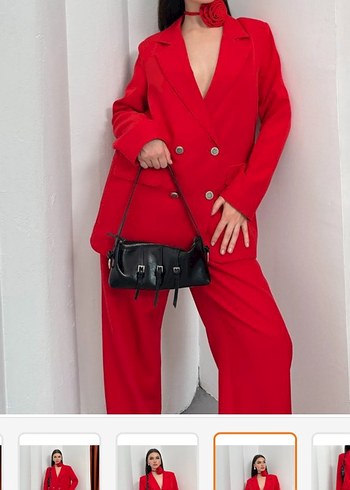 Kadın Kırmızı Düğmeli Ofis Takım - Görsel 4