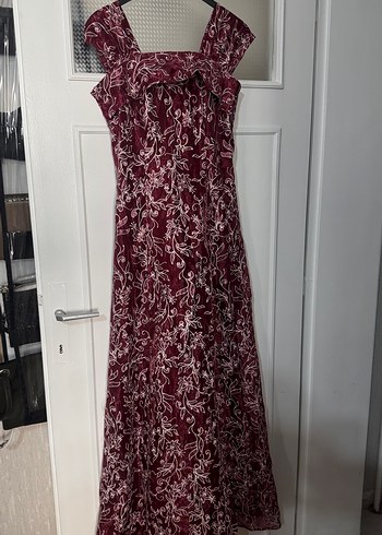 Bordo Desenli Uzun Kadın Abiye Elbise