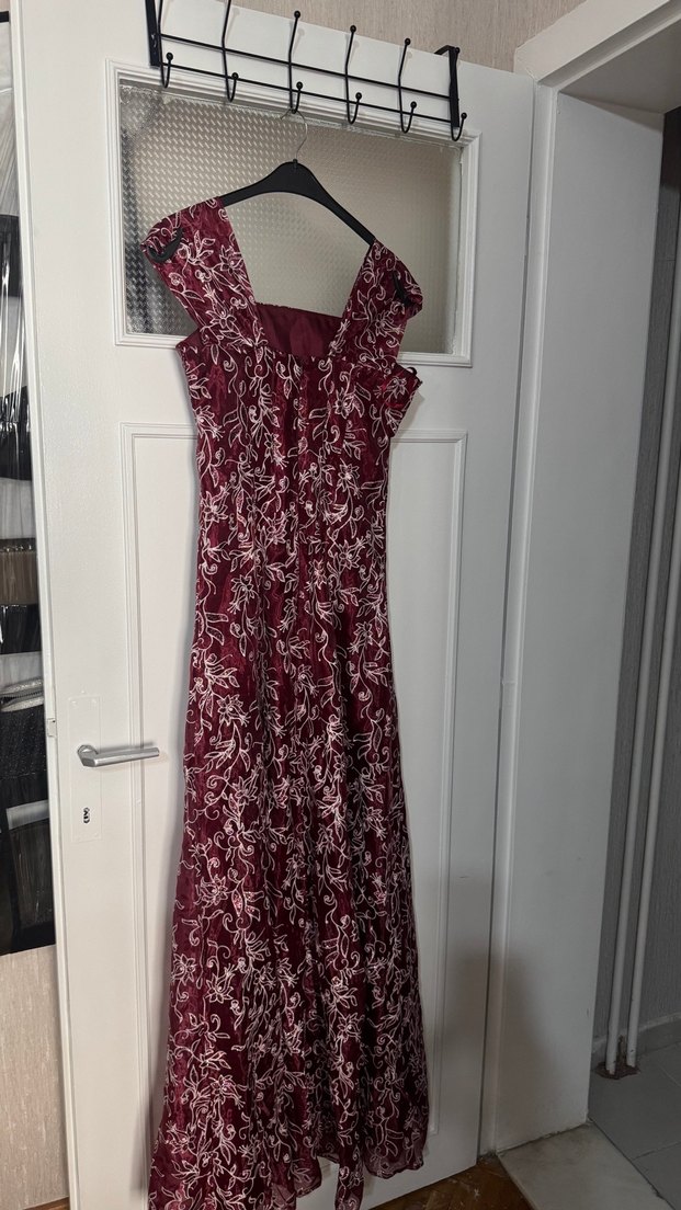 Bordo Desenli Uzun Kadın Abiye Elbise - Görsel 4