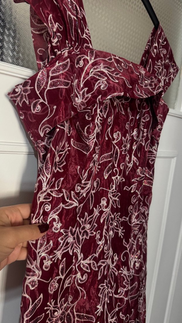 Bordo Desenli Uzun Kadın Abiye Elbise - Görsel 2