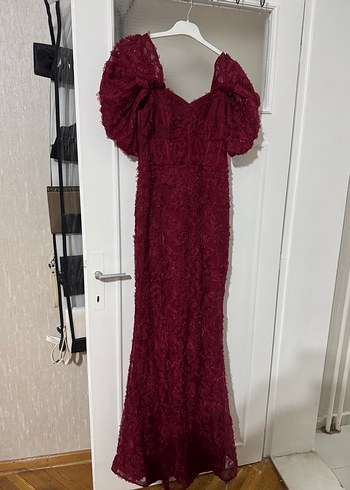 Bordo Nakışlı Uzun Abiye Elbise - Görsel 4