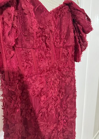 Bordo Nakışlı Uzun Abiye Elbise - Görsel 7