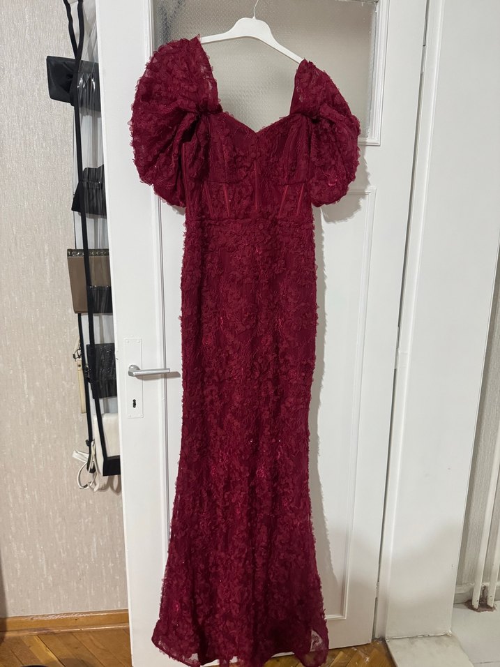 Bordo Nakışlı Uzun Abiye Elbise - Görsel 3