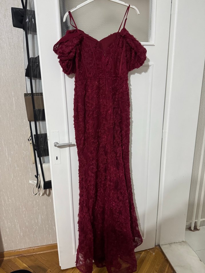 Bordo Nakışlı Uzun Abiye Elbise - Görsel 5